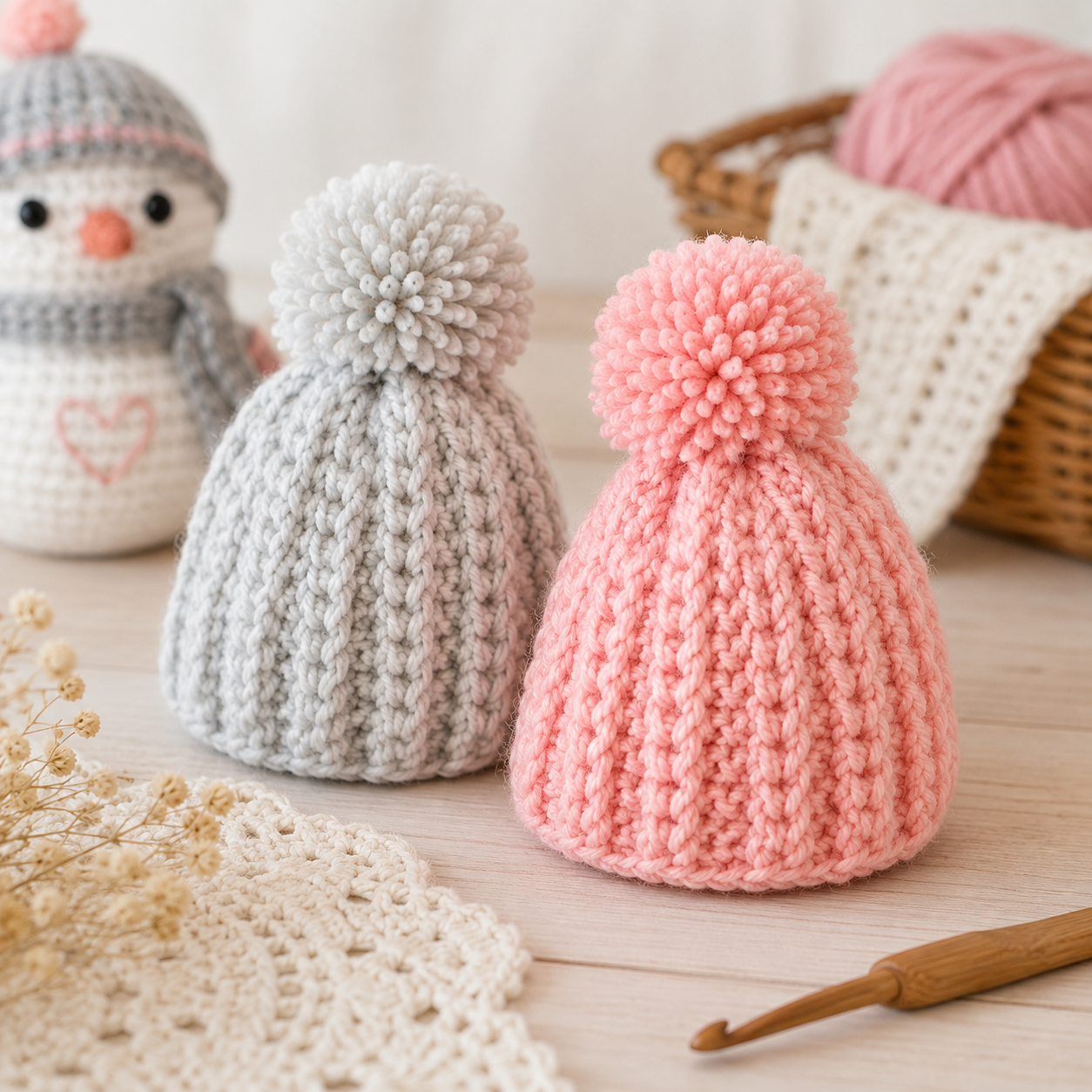 Crochet Pom Pom Snowman Hat Pattern – (Digital PDF Download)