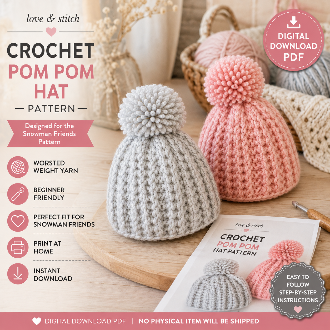 Crochet Pom Pom Snowman Hat Pattern – (Digital PDF Download)