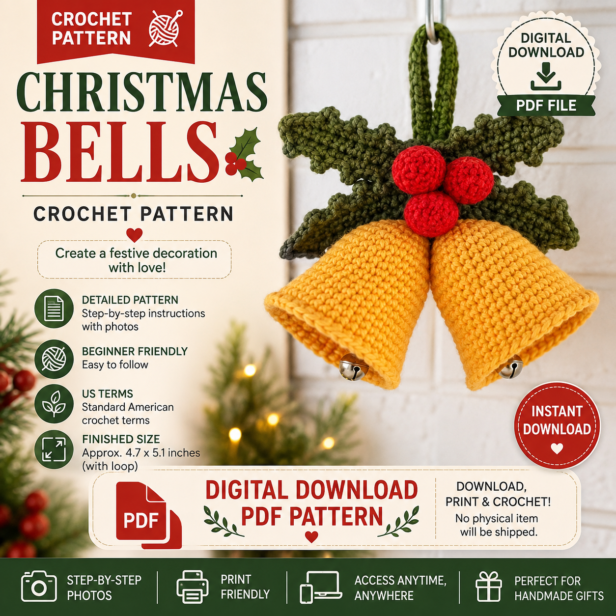 Christmas Bells Crochet Pattern  | Holiday Bell Ornament | (Digital Download)
