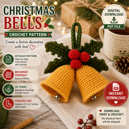 Christmas Bells Crochet Pattern  | Holiday Bell Ornament | (Digital Download)