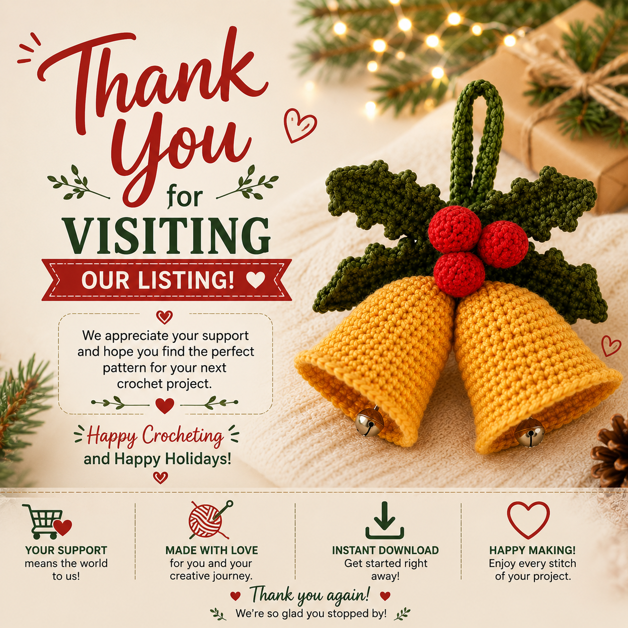 Christmas Bells Crochet Pattern  | Holiday Bell Ornament | (Digital Download)