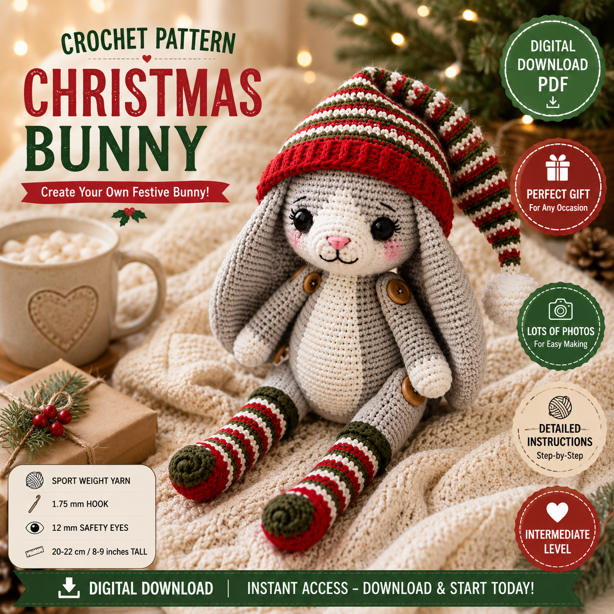 Christmas Bunny Crochet Pattern | Holiday Crochet Pattern | (Digital Download)