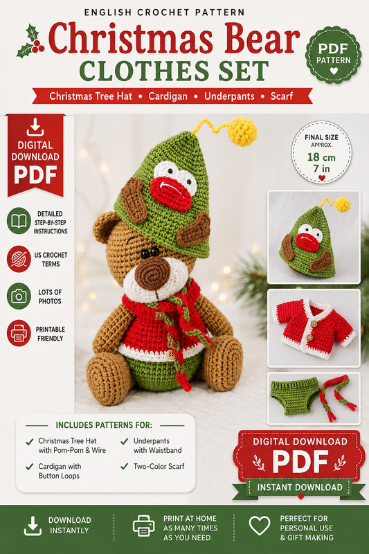 Christmas Bear Clothes Crochet Pattern | Christmas Tree Hat, Cardigan, Underpants & Scarf |(Digital Download)