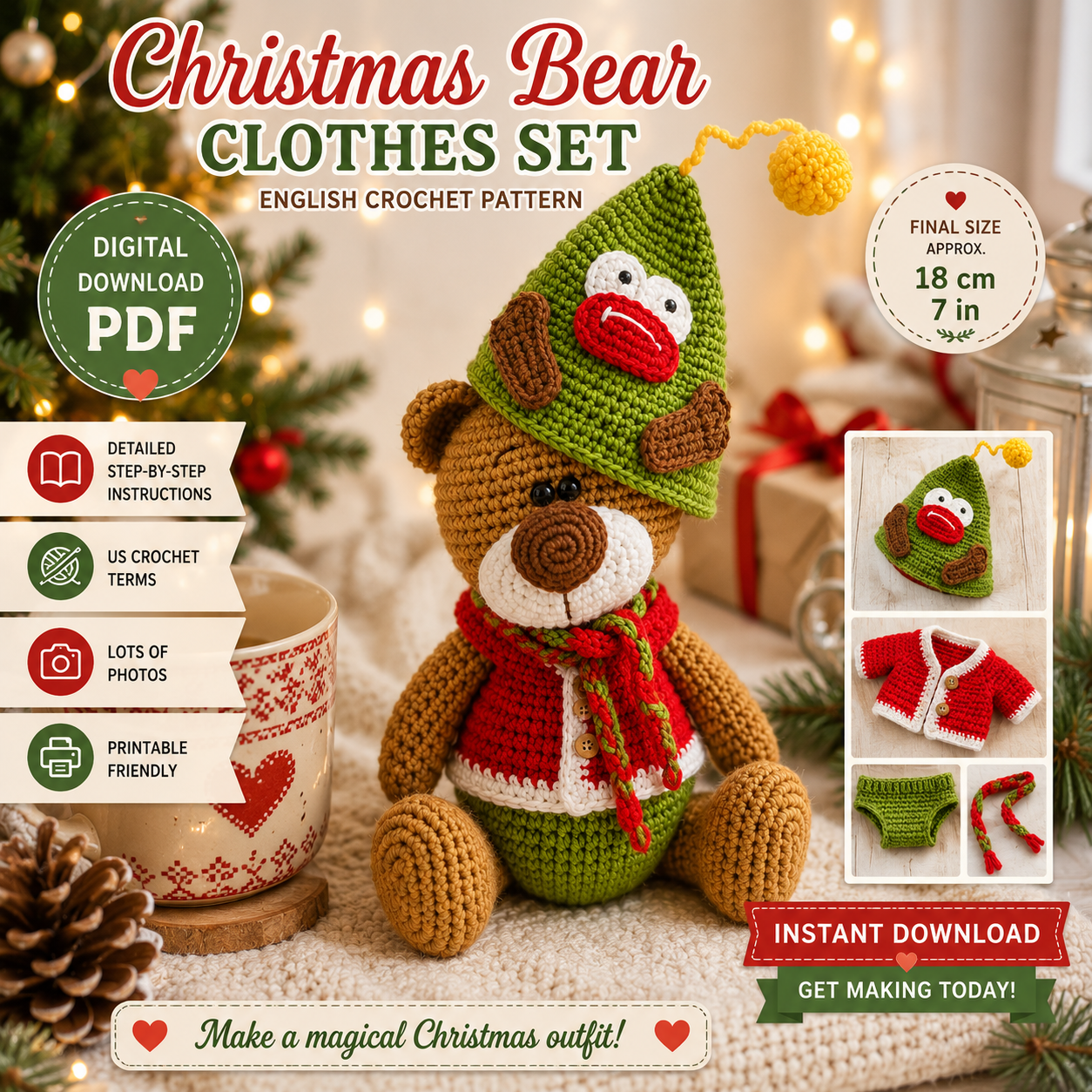 Christmas Bear Clothes Crochet Pattern | Christmas Tree Hat, Cardigan, Underpants & Scarf |(Digital Download)