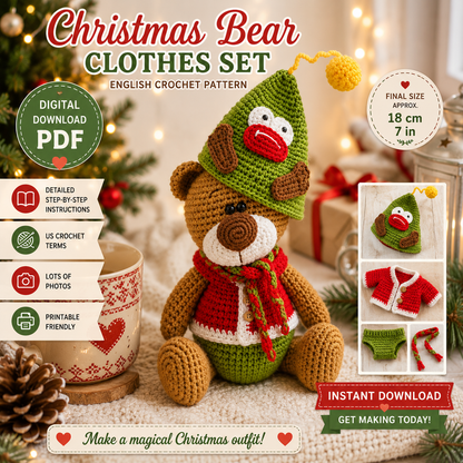 Christmas Bear Clothes Crochet Pattern | Christmas Tree Hat, Cardigan, Underpants & Scarf |(Digital Download)