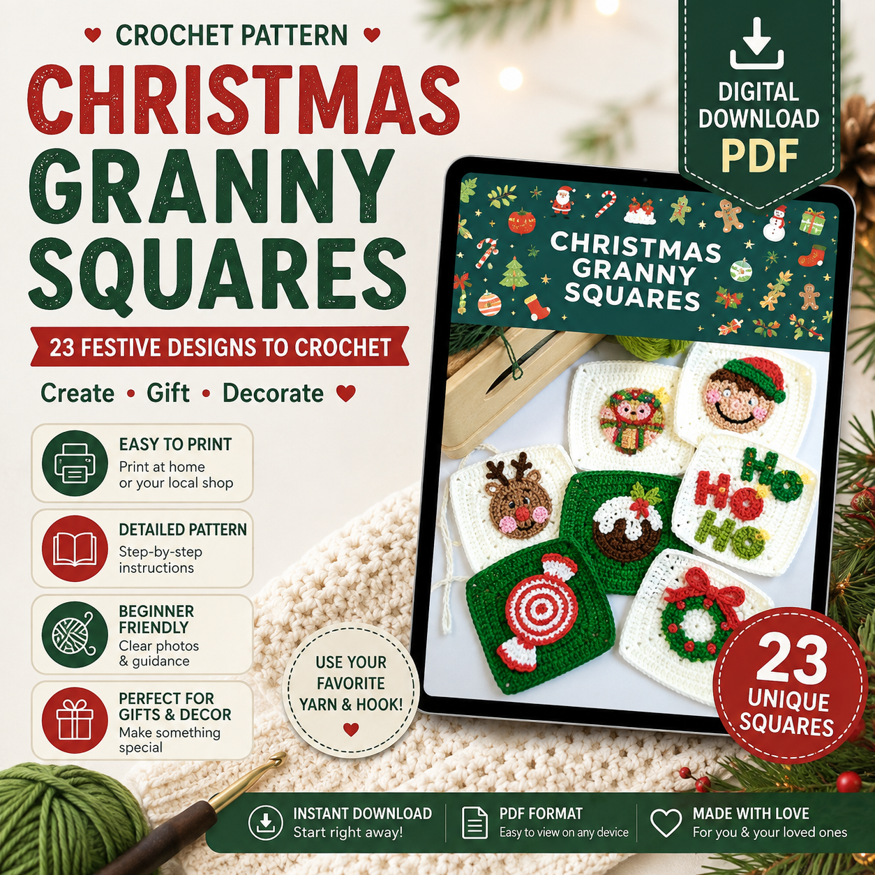 Christmas Granny Squares Crochet Pattern | 28 Festive Crochet Motifs | (Digital Download)