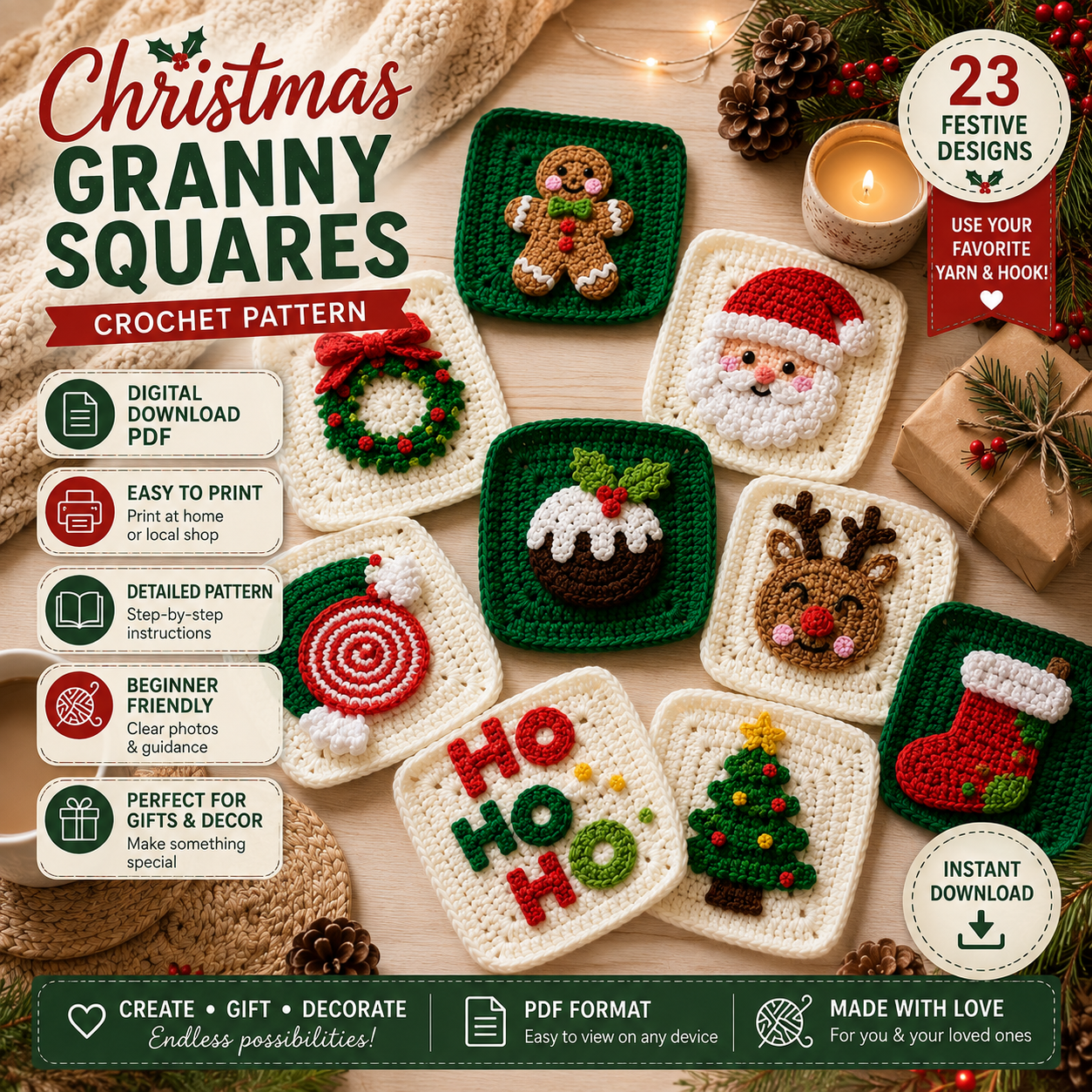 Christmas Granny Squares Crochet Pattern | 28 Festive Crochet Motifs | (Digital Download)