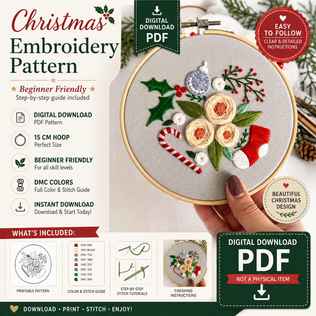 Christmas Embroidery Pattern | Beginner Hand Embroidery | (Digital Download)