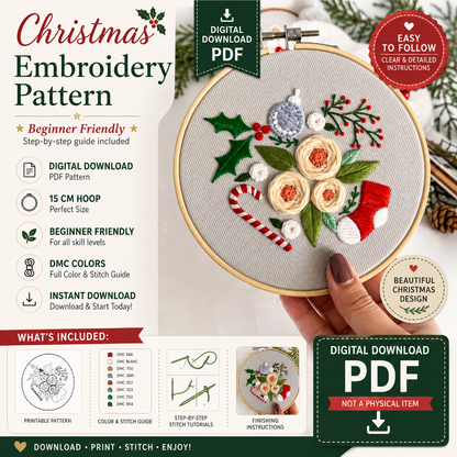 Christmas Embroidery Pattern | Beginner Hand Embroidery | (Digital Download)
