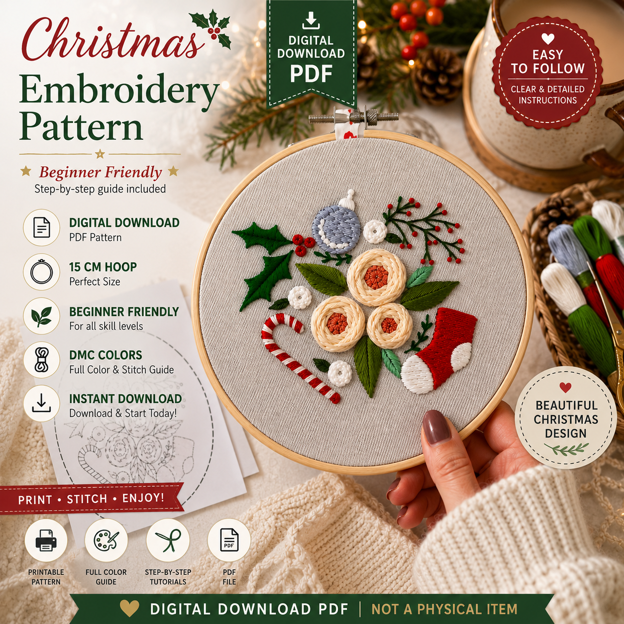 Christmas Embroidery Pattern | Beginner Hand Embroidery | (Digital Download)