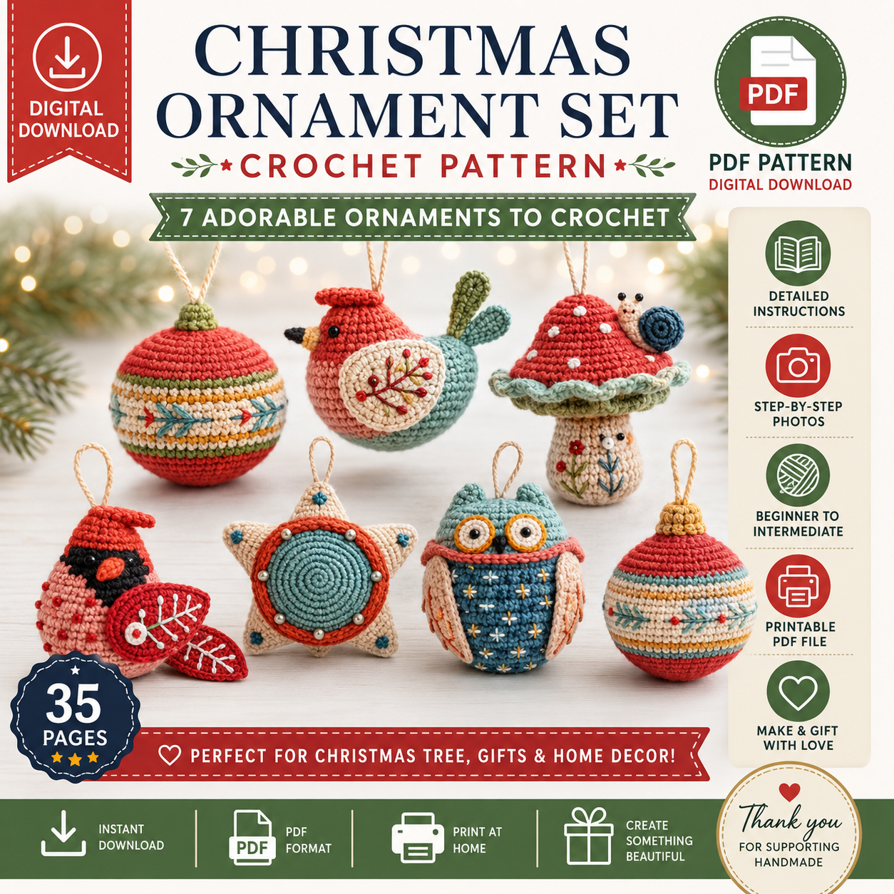 Christmas Ornament Set Crochet Pattern | 7 Festive Crochet Ornaments | (Digital Download)