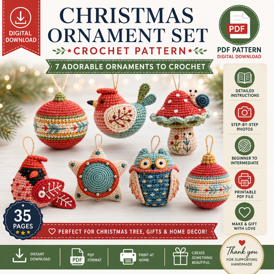 Christmas Ornament Set Crochet Pattern | 7 Festive Crochet Ornaments | (Digital Download)