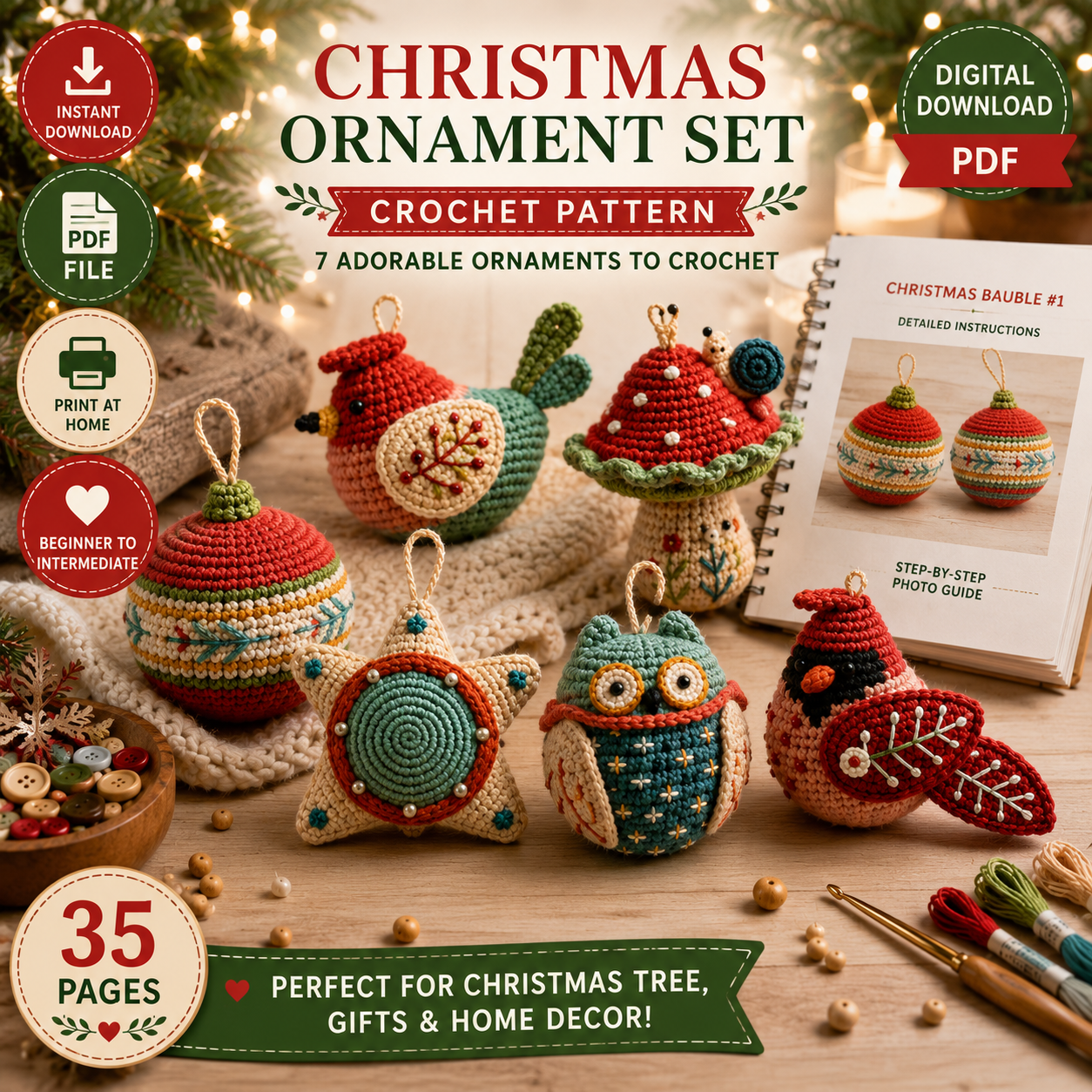 Christmas Ornament Set Crochet Pattern | 7 Festive Crochet Ornaments | (Digital Download)