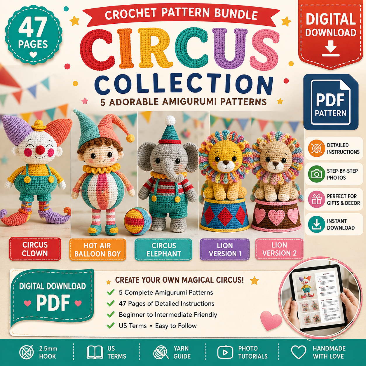 Circus Crochet Pattern Bundle PDF | Clown, Elephant, Lion & Hot Air Balloon (Digital Download)