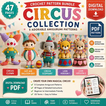 Circus Crochet Pattern Bundle PDF | Clown, Elephant, Lion & Hot Air Balloon (Digital Download)