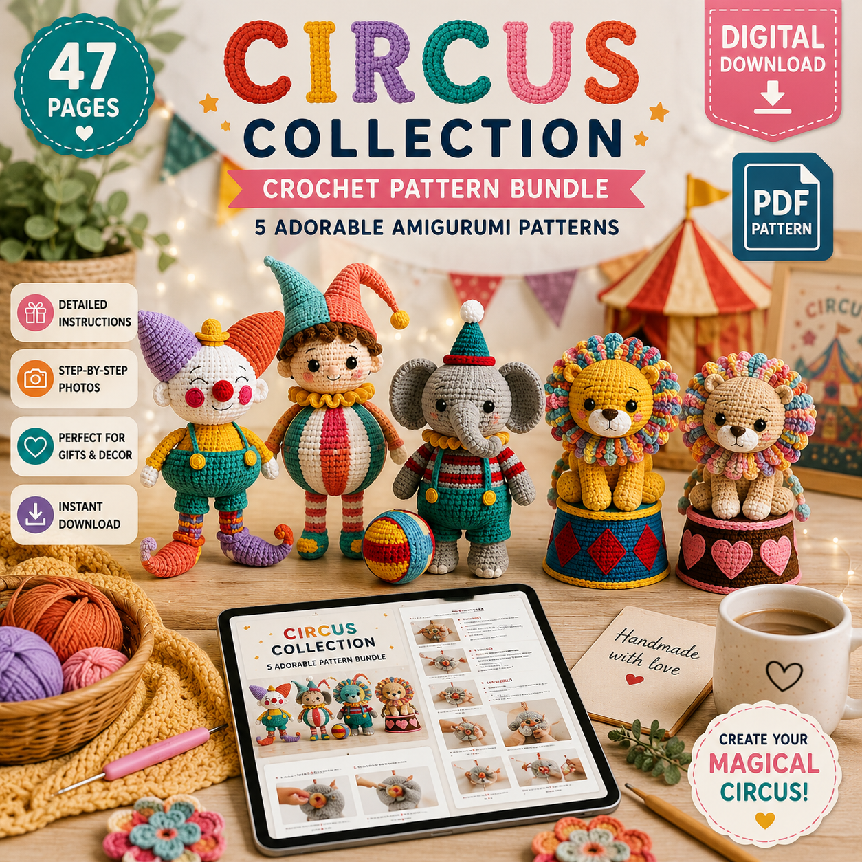 Circus Crochet Pattern Bundle PDF | Clown, Elephant, Lion & Hot Air Balloon (Digital Download)