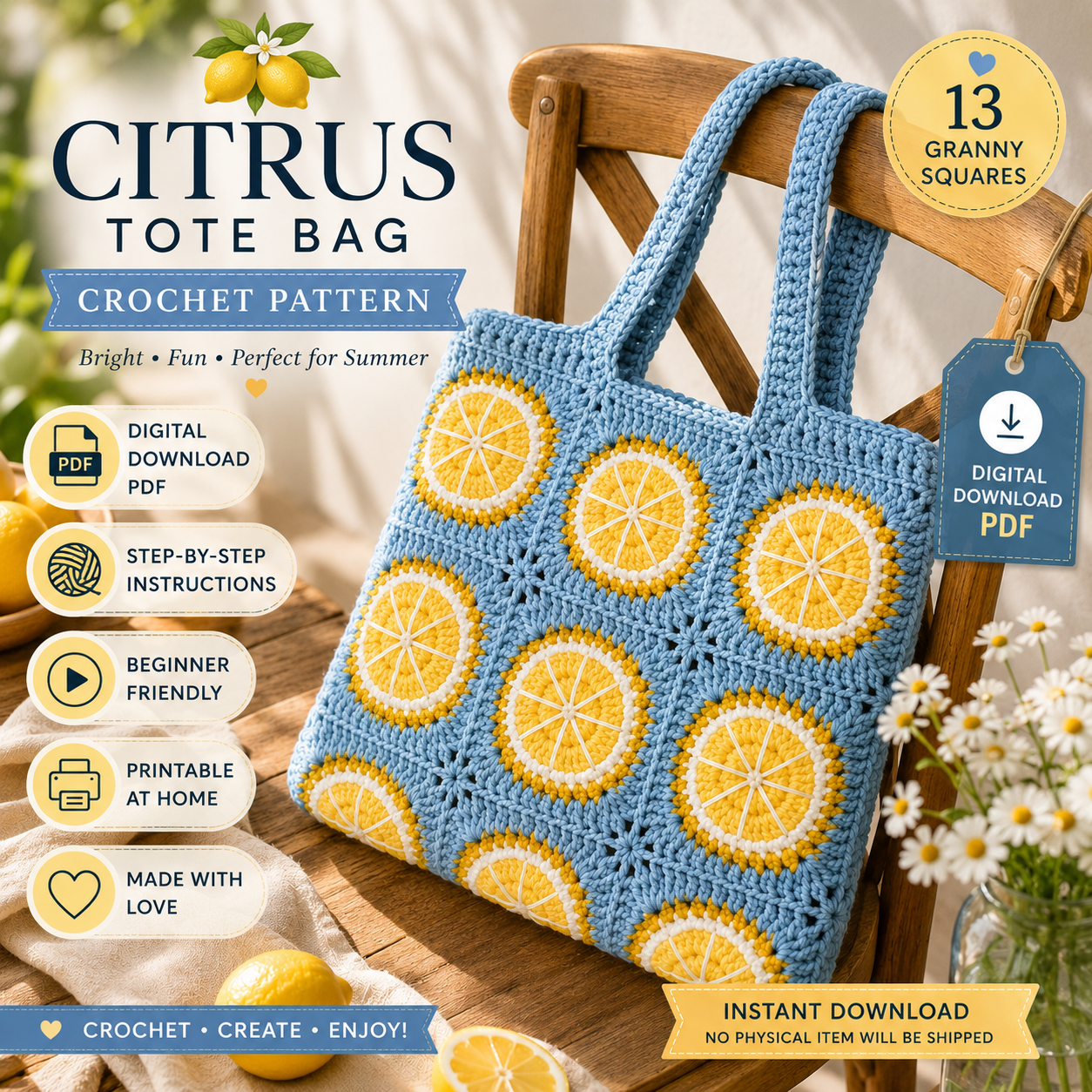 Citrus Tote Bag Crochet Pattern | Lemon Granny Square Bag (Digital Download)