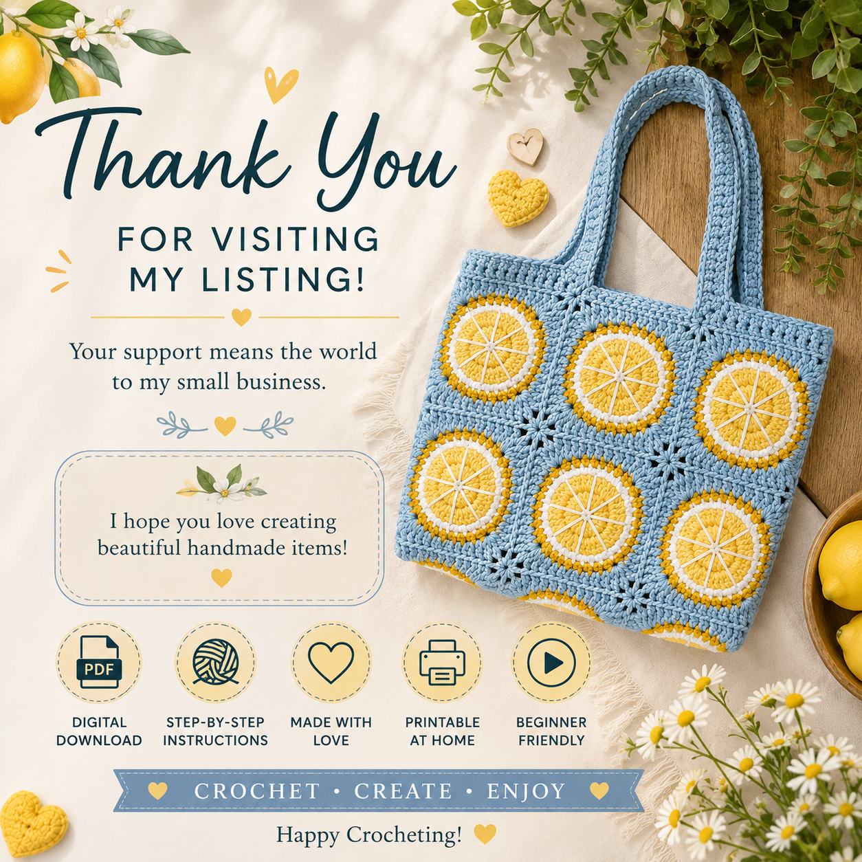 Citrus Tote Bag Crochet Pattern | Lemon Granny Square Bag (Digital Download)
