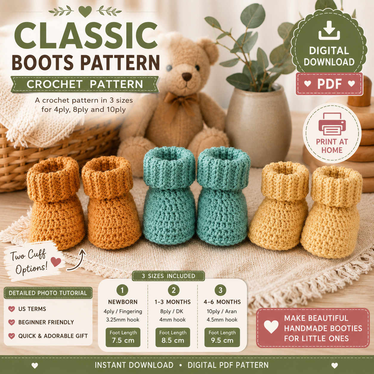Classic Baby Boots Crochet Pattern – Baby Booties in 3 Sizes – (Instant Digital Download)