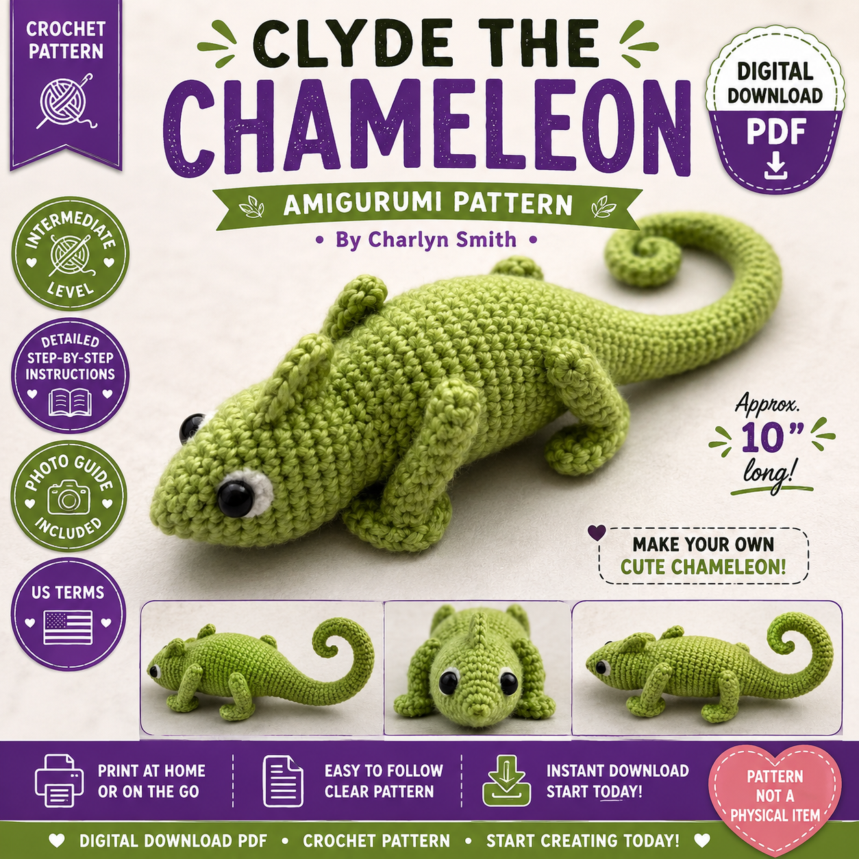 Clyde the Chameleon Amigurumi Crochet Pattern (Digital Download)