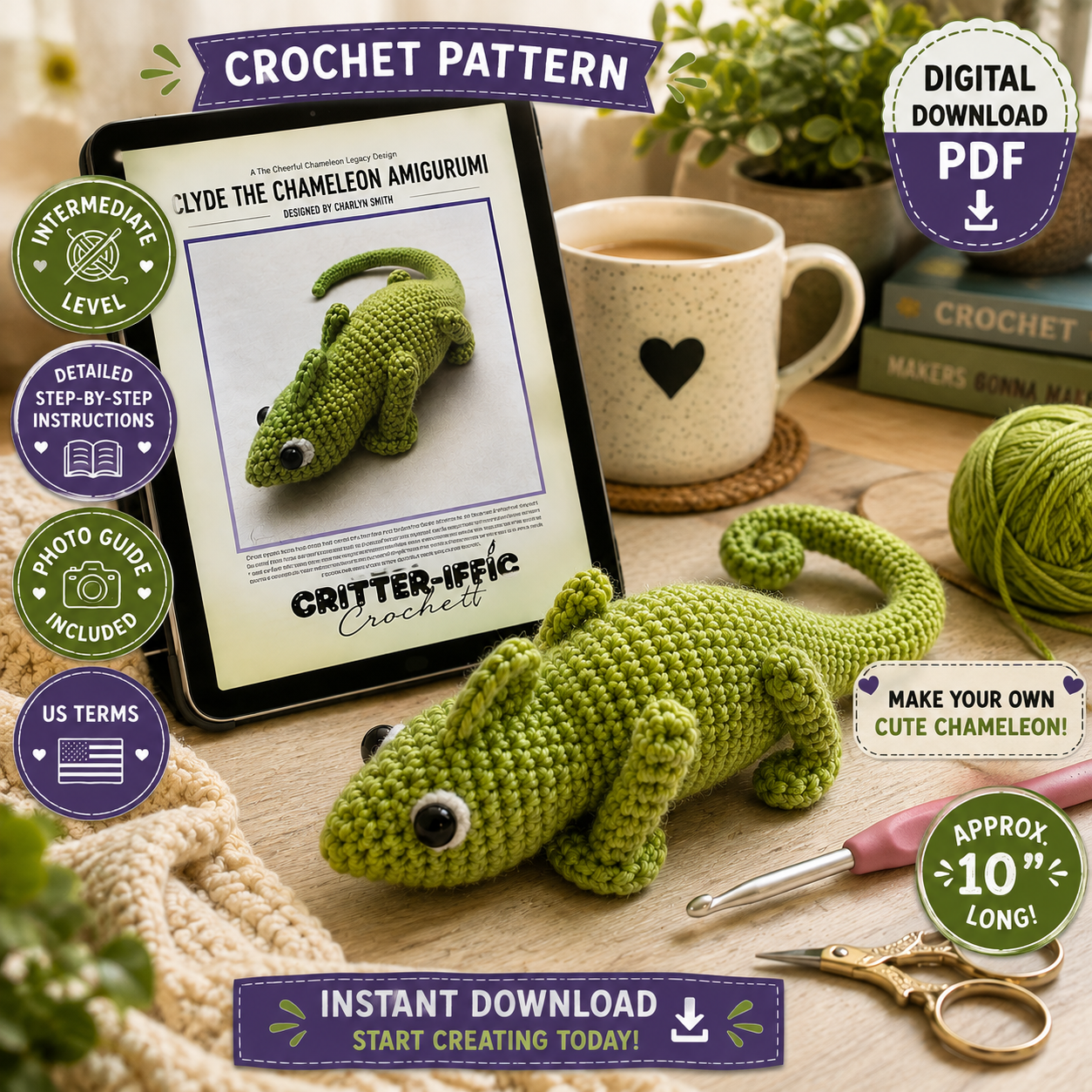 Clyde the Chameleon Amigurumi Crochet Pattern (Digital Download)