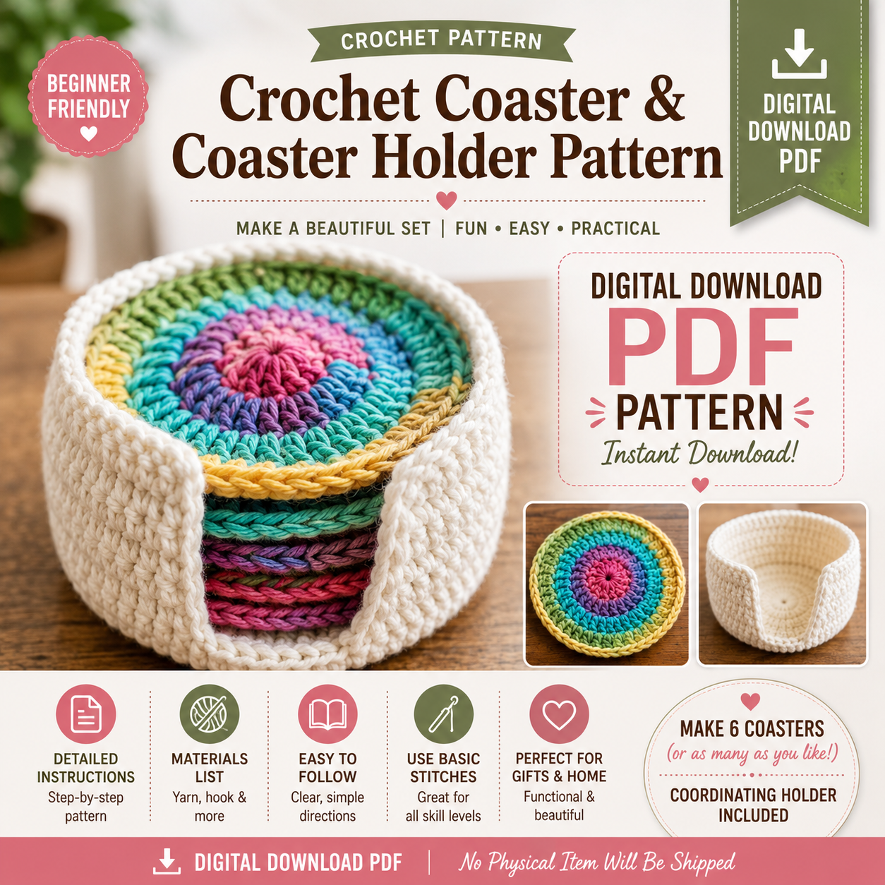 Crochet Coaster & Coaster Holder Pattern | (Digital Download)