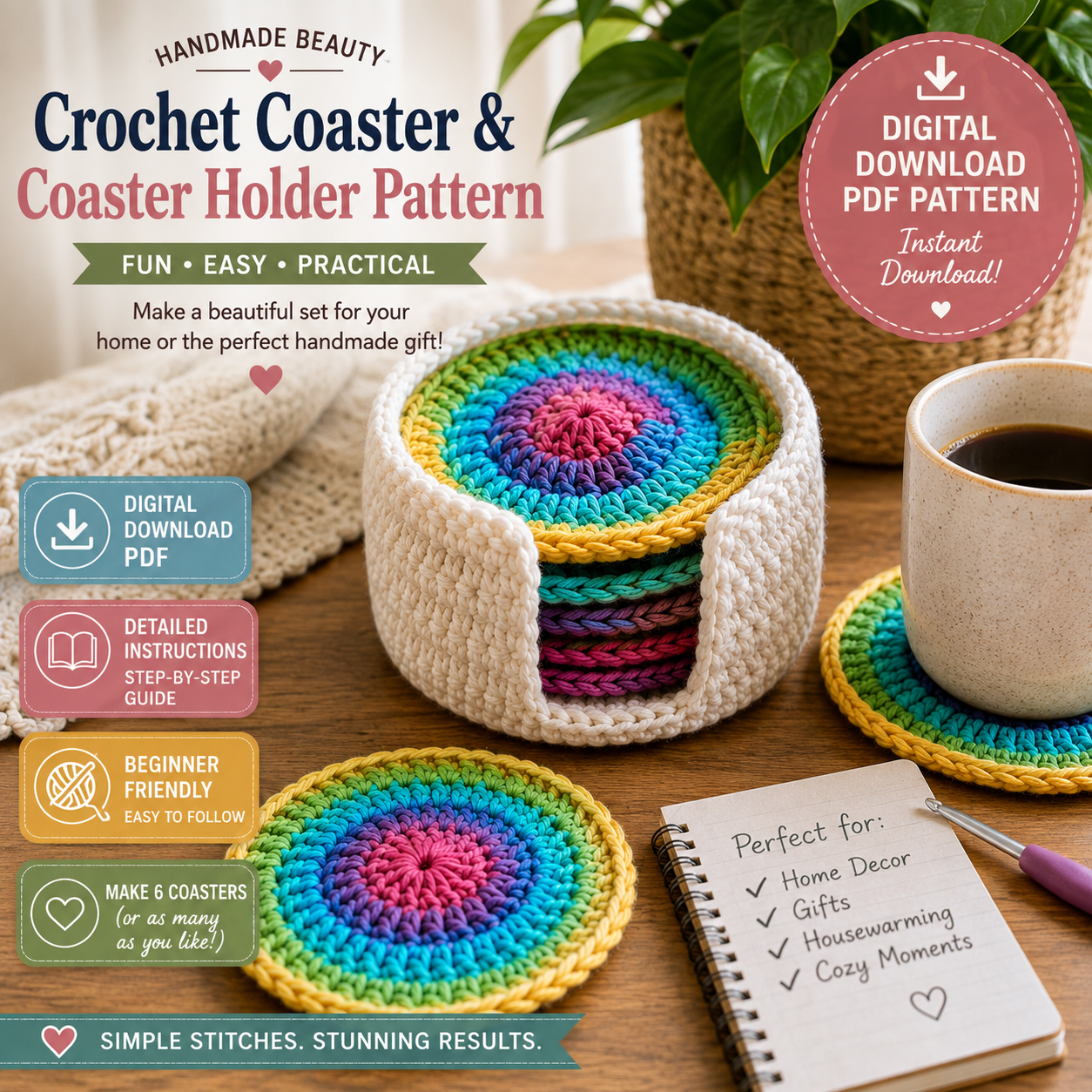 Crochet Coaster & Coaster Holder Pattern | (Digital Download)