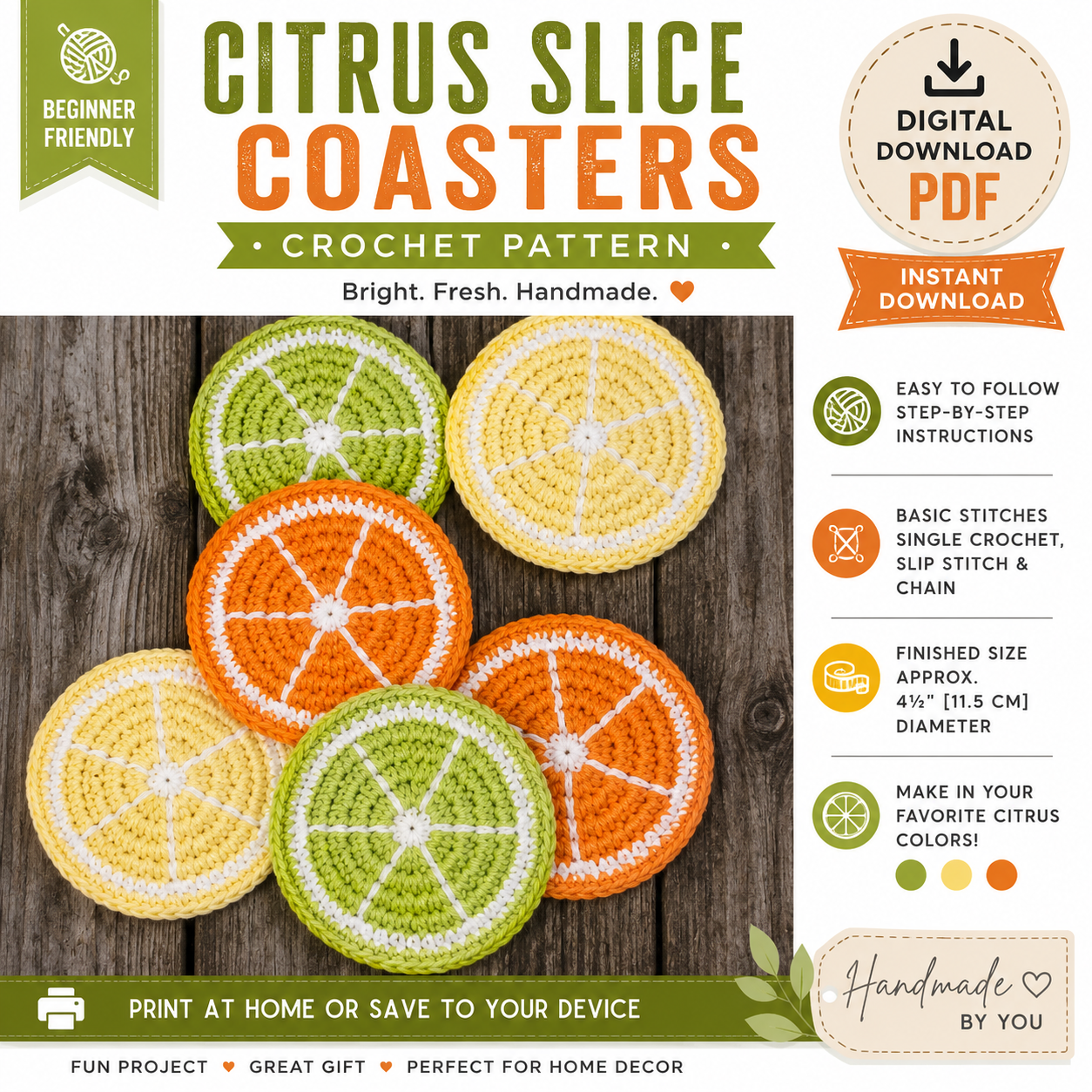 Citrus Slice Coasters Crochet Patter | Lemon Lime Orange Coaster | (Digital Download)