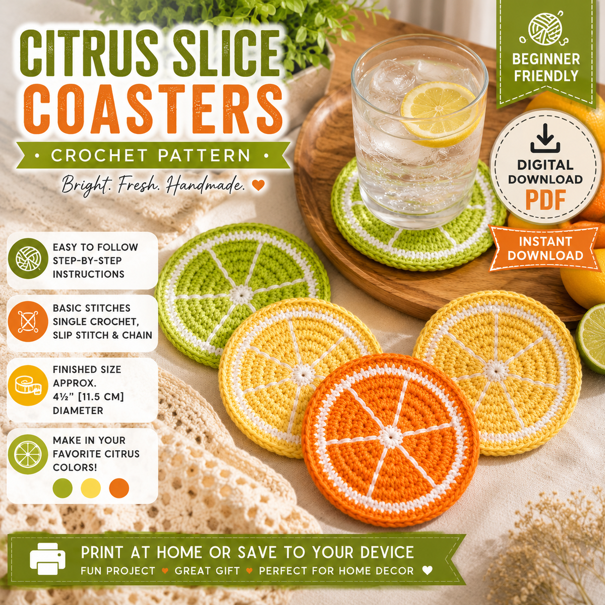 Citrus Slice Coasters Crochet Patter | Lemon Lime Orange Coaster | (Digital Download)
