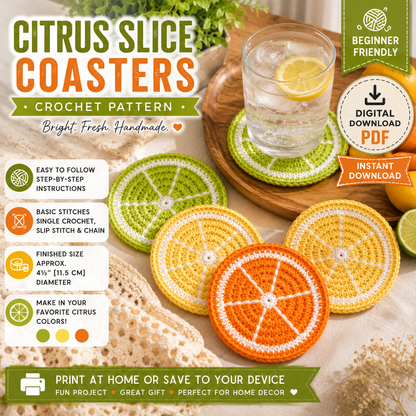 Citrus Slice Coasters Crochet Patter | Lemon Lime Orange Coaster | (Digital Download)