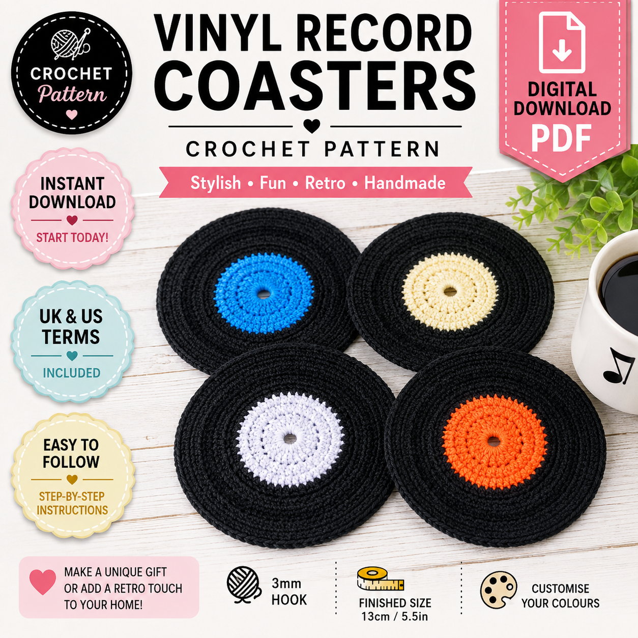 Vinyl Record Coasters Crochet Pattern | Retro Crochet Coaster Pattern | (Digital Download)