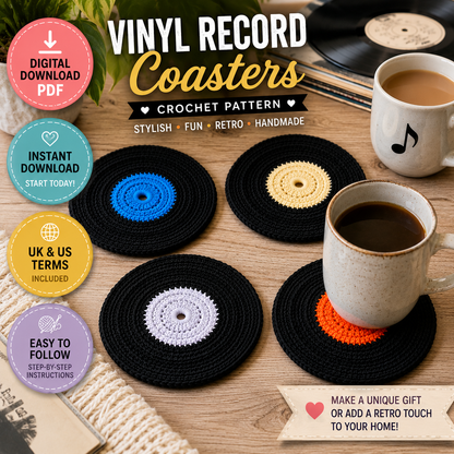 Vinyl Record Coasters Crochet Pattern | Retro Crochet Coaster Pattern | (Digital Download)