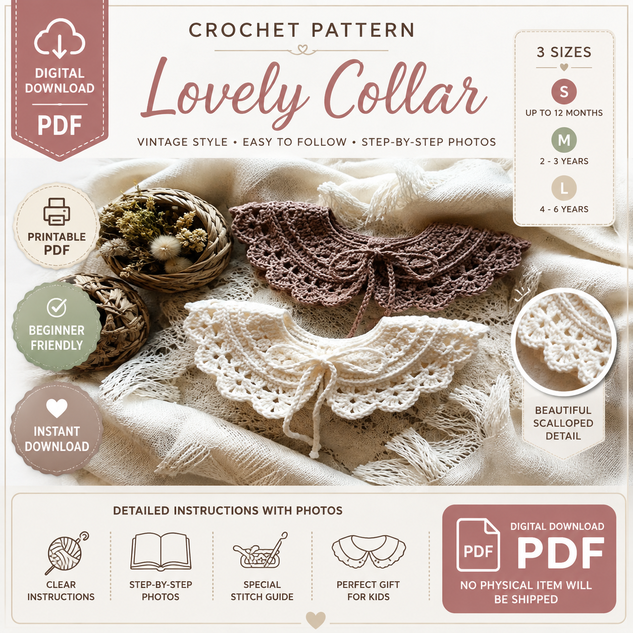 Lovely Collar Crochet Pattern, 3 Sizes | (Instant Digital Download)