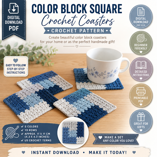 Color Block Square Crochet Coasters Pattern (Digital Download)