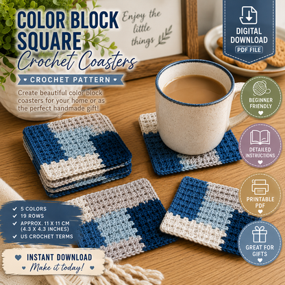 Color Block Square Crochet Coasters Pattern (Digital Download)