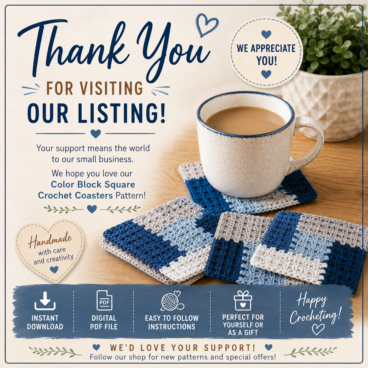 Color Block Square Crochet Coasters Pattern (Digital Download)