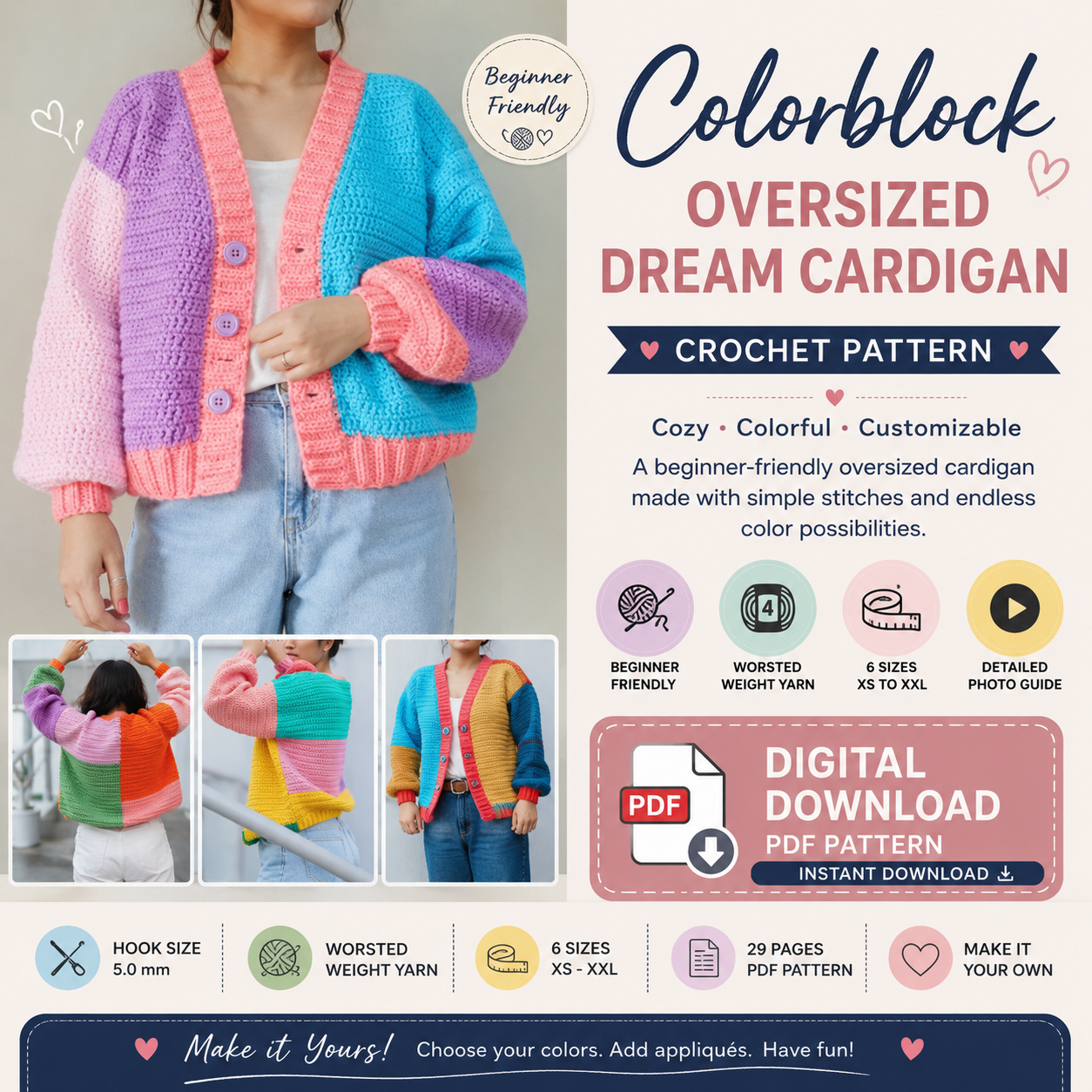 Colorblock Oversized Cardigan Crochet Pattern | XS–XXL | (Digital Download)