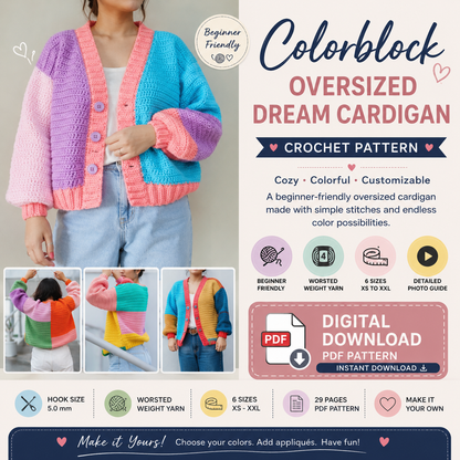 Colorblock Oversized Cardigan Crochet Pattern | XS–XXL | (Digital Download)