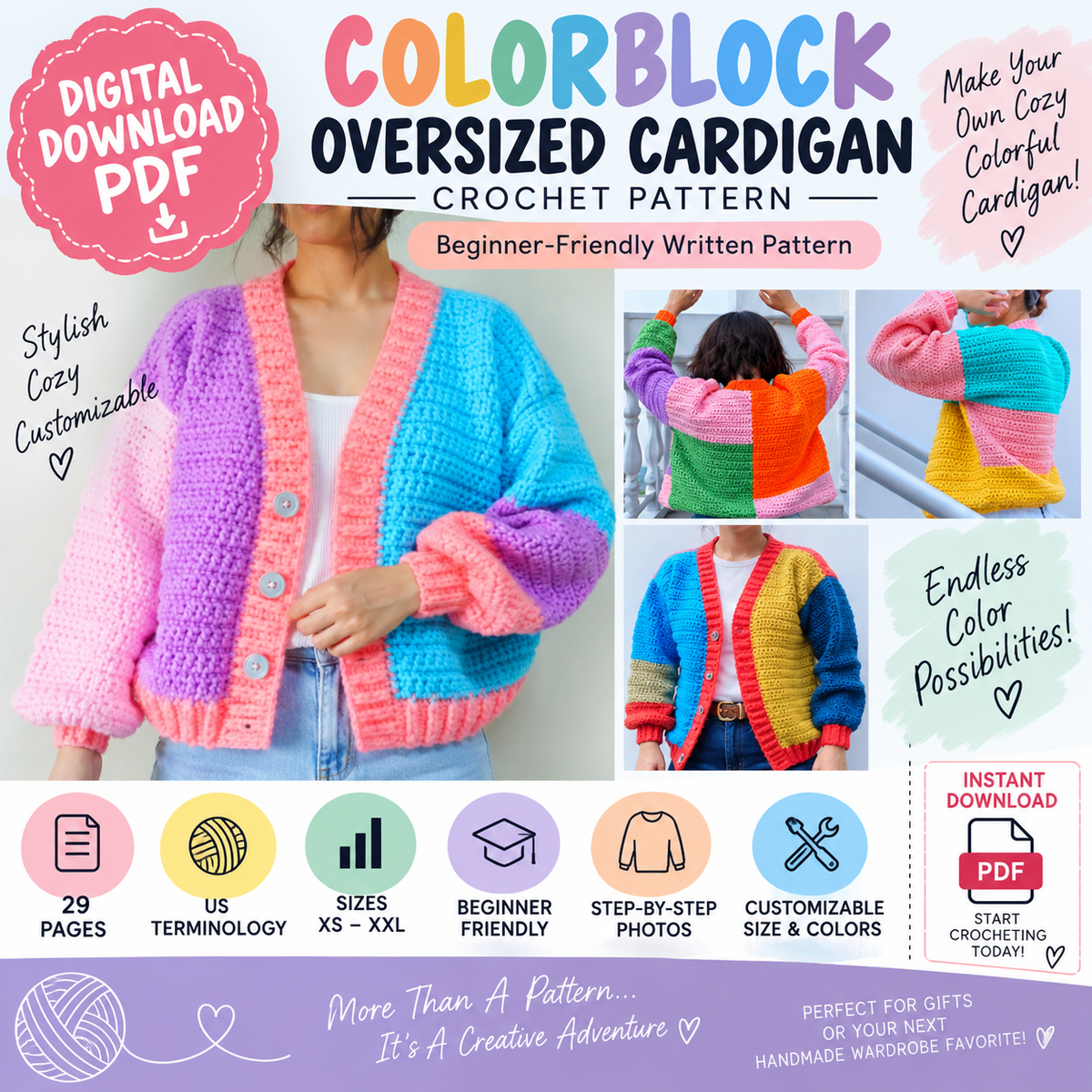 Colorblock Oversized Cardigan Crochet Pattern (XS–XXL Digital Download)
