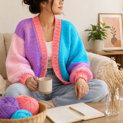 Colorblock Oversized Cardigan Crochet Pattern | XS–XXL | (Digital Download)