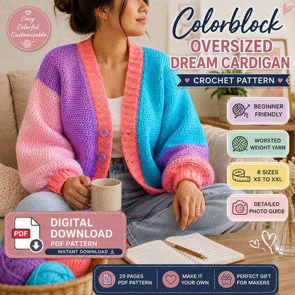 Colorblock Oversized Cardigan Crochet Pattern | XS–XXL | (Digital Download)