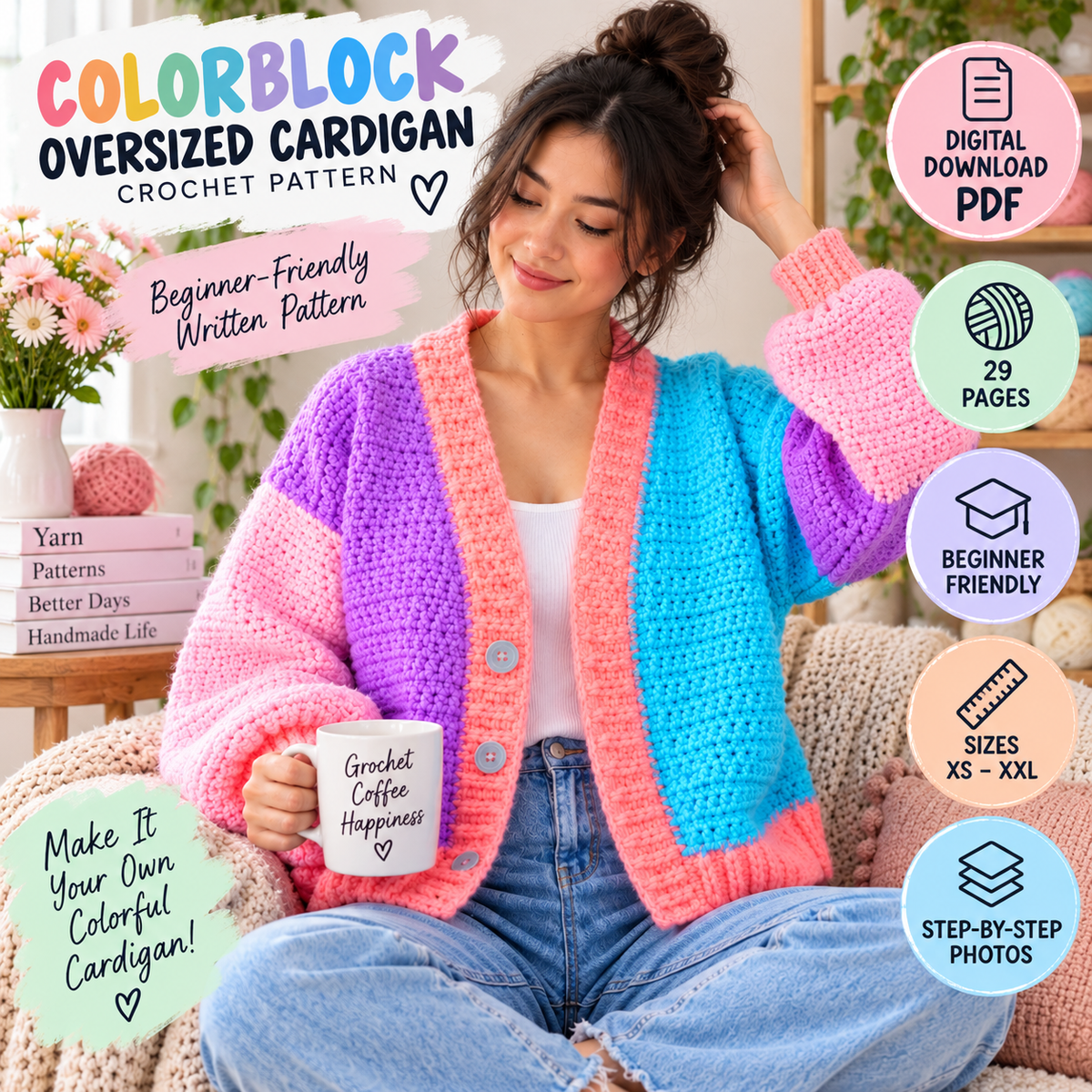 Colorblock Oversized Cardigan Crochet Pattern (XS–XXL Digital Download)