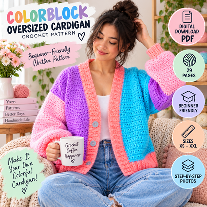 Colorblock Oversized Cardigan Crochet Pattern (XS–XXL Digital Download)