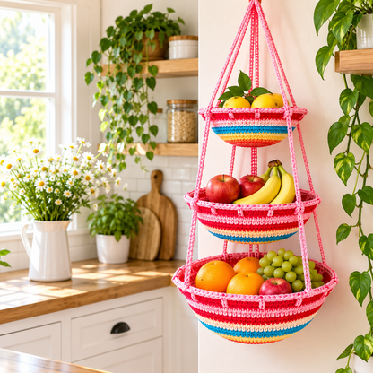 Kitchen Hanging Wall Crochet Pattern PDF | 3-Tier Hanging Fruit Basket (Digital Download)