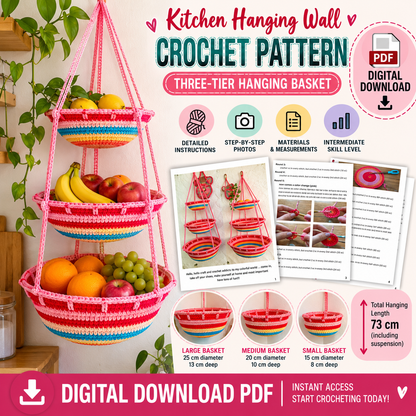 Kitchen Hanging Wall Crochet Pattern PDF | 3-Tier Hanging Fruit Basket (Digital Download)