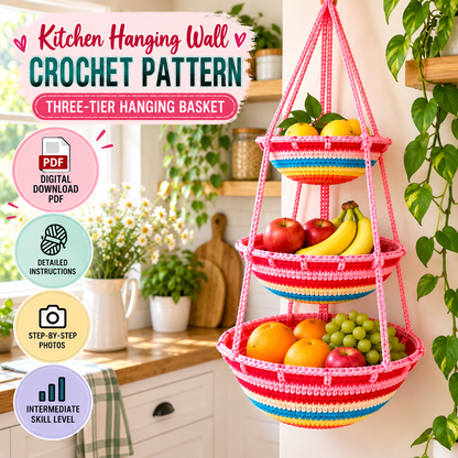 Kitchen Hanging Wall Crochet Pattern PDF | 3-Tier Hanging Fruit Basket (Digital Download)