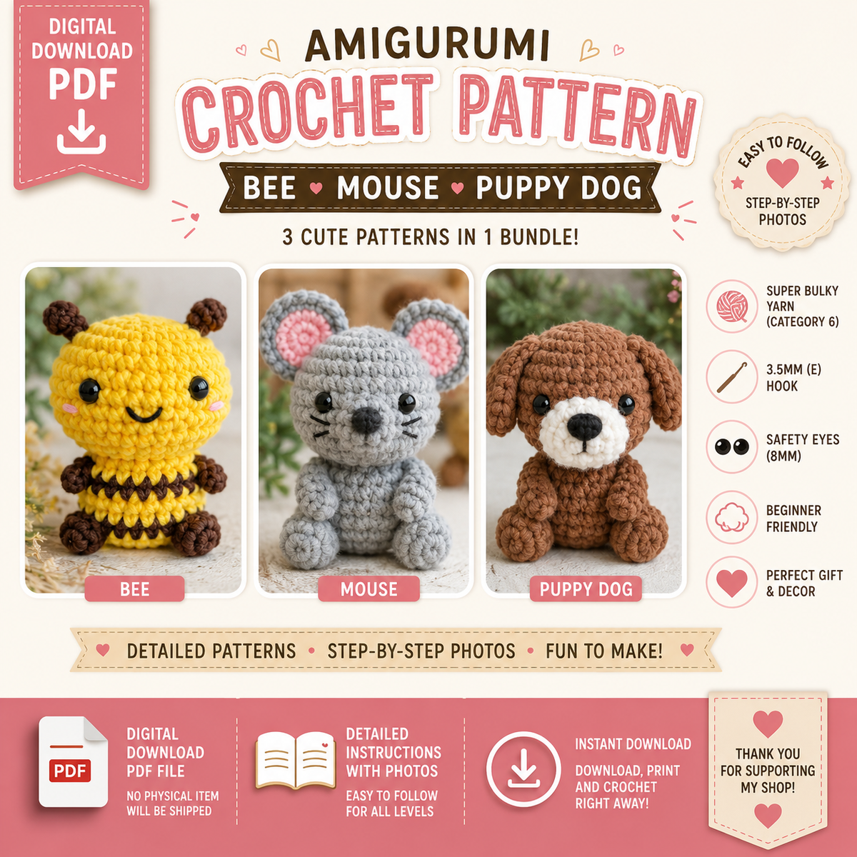Bee Mouse Puppy Dog Crochet Patterns Bundle (Digital Download)