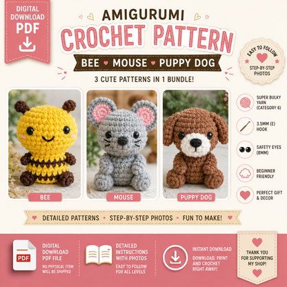 Bee Mouse Puppy Dog Crochet Patterns Bundle (Digital Download)