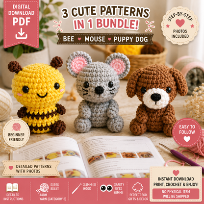 Bee Mouse Puppy Dog Crochet Patterns Bundle (Digital Download)