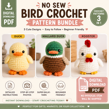 3-in-1 No Sew Bird Crochet Pattern Bundle PDF (Digital Download)